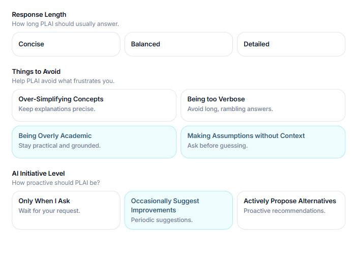 AI Behavior tab showing response preference categories.