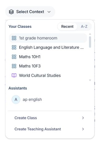 Select Context menu with Your Classes and Assistants sections.