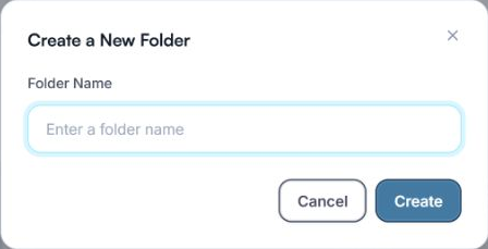 Create a New Folder dialog with Folder Name, Cancel and Create controls.