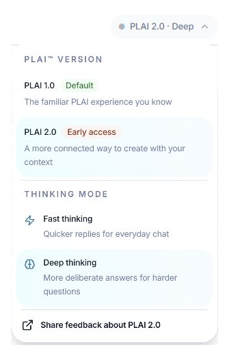 PLAI menu showing PLAI 1.0, PLAI 2.0, Fast thinking and Deep thinking.