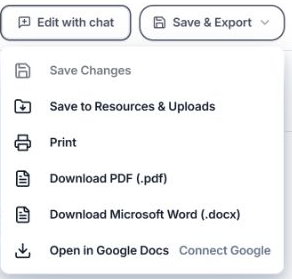 Save & Export menu with Print, Download PDF and Download Microsoft Word options.