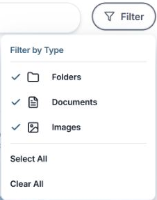 Filter by Type menu with Folders, Documents, Images, Select All and Clear All.
