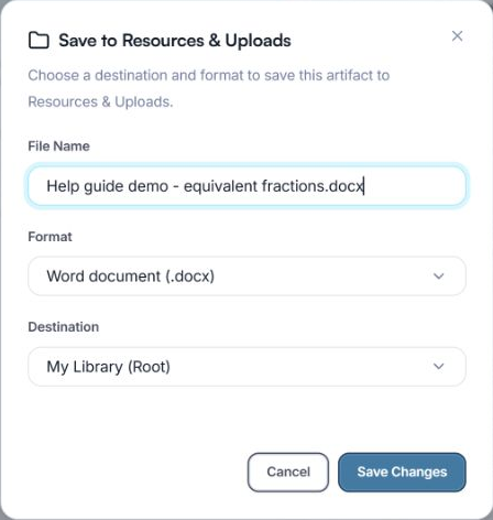 Save to Resources & Uploads dialog showing a file name, Word format, My Library destination and Save Changes button.
